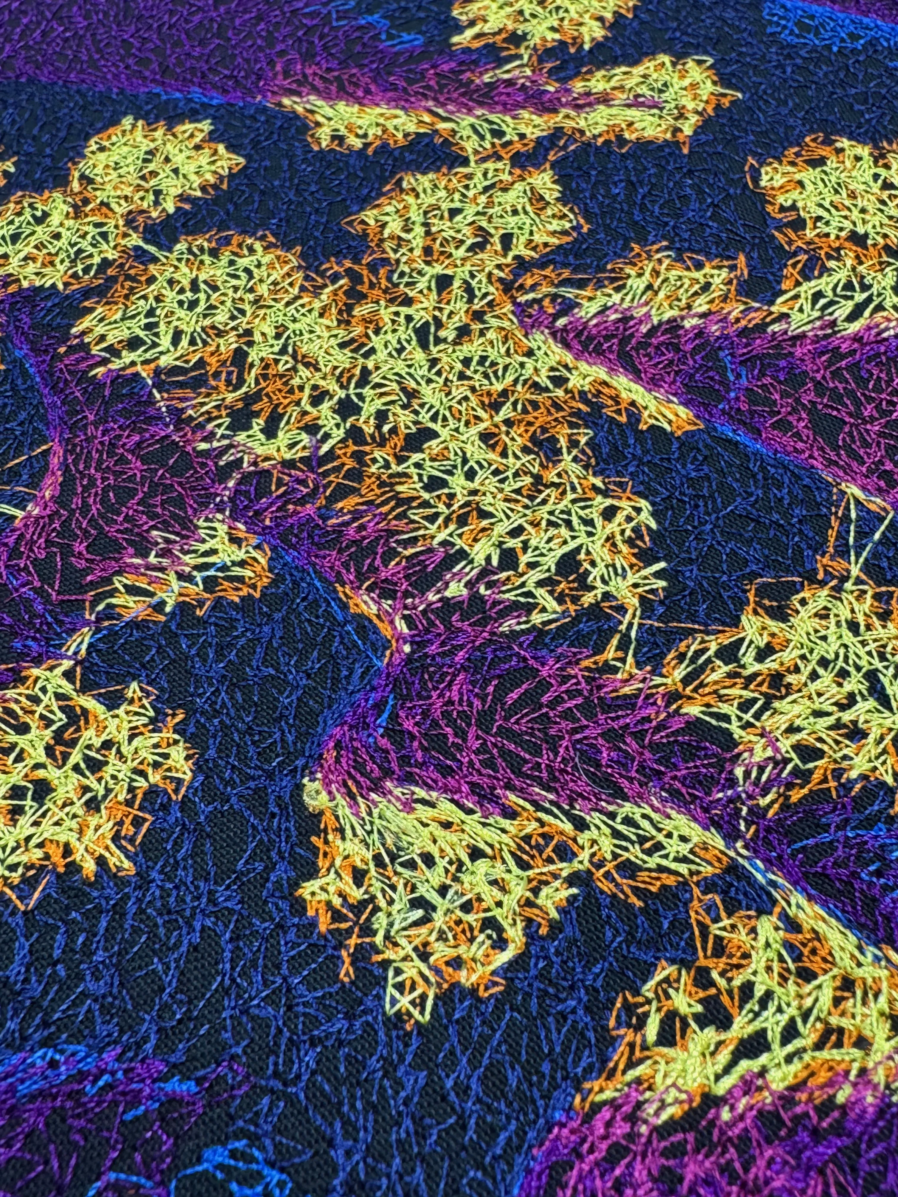 Complex embroidery with thread-trim reduction.